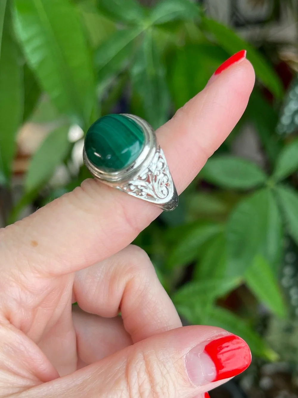Sterling Silver Malachite Cabochon Estate Ring – Ornate Filigree – Size 6